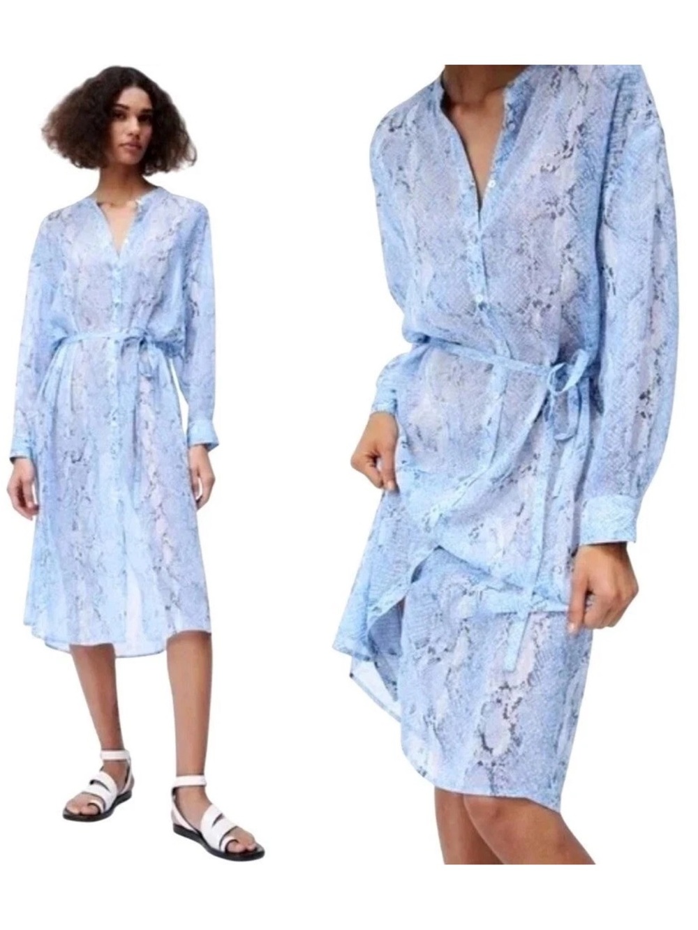 ZARA blue snakeskin button down long sleeve sheer dress size small